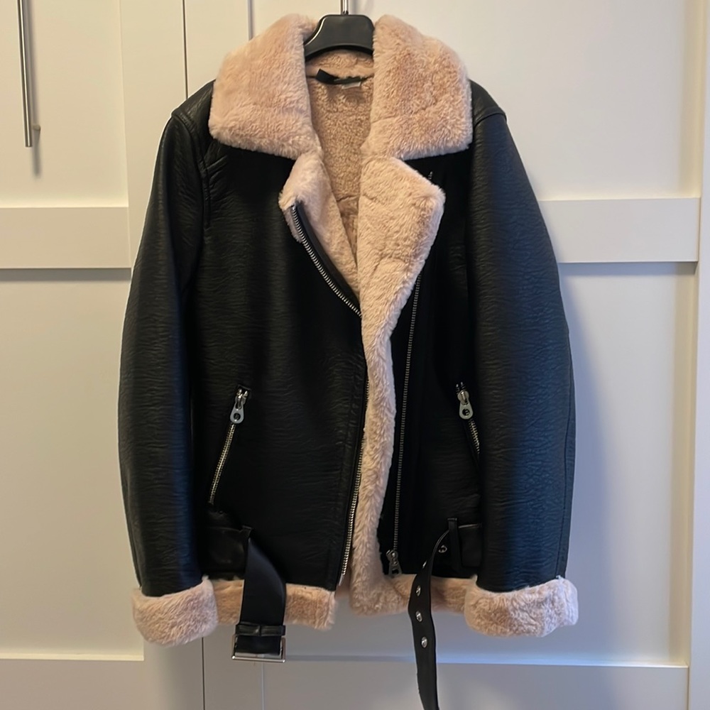 H&M Black Jacket with Light Pink Faux Shearling Trim